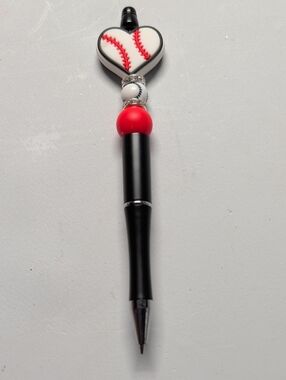 Hand Crafted Black and White Baseball Heart Decorative Pen with Red Accent